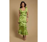 Oasis Women's Petite Printed Satin Jacquard Tiered Midi Dress in Chartreuse | Size: 12