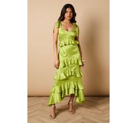 Oasis Women's Petite Printed Satin Jacquard Tiered Midi Dress in Chartreuse | Size: 12 Oasis Chartreuse 12