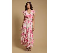 Oasis Women's Petite Printed Twist front Detail Tiered Midi Dress in Ivory | Size: 10
