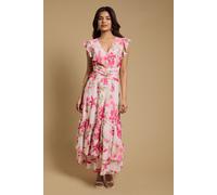 Oasis Women's Petite Printed Twist front Detail Tiered Midi Dress in Ivory | Size: 12 Oasis Ivory 12