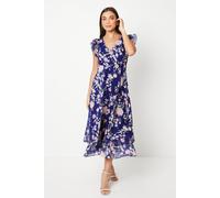 Oasis Petite Ruffle Shoulder Midi Dress, 14, Navy