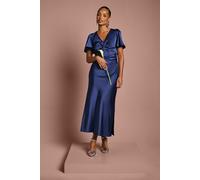 Petite Satin Twist Angel Sleeve Midi Bridesmaid Dress Oasis Navy 14