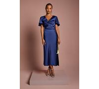 Oasis Women's Petite Satin Twist Angel Sleeve Midi Bridesmaid Dress in Navy | Size: 8 Oasis Navy 8