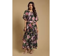 Oasis Women's Petite Shirred Bodice Puff Sleeve Tiered Midi Dress in Black | Size: 12