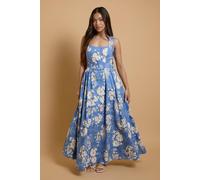 Oasis Women's Petite Square Neck Cotton Occasion Maxi Dress in Blue | Size: 14