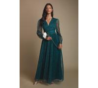 Oasis Women's Petite Volume Sleeve V Neck Mesh Bridesmaid Maxi Dress in Emerald | Size: 10