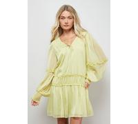 Oasis Women's Plain Chiffon Shirred Front Tie Neck Mini Dress in Olive | Size: 14