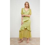 Oasis Women's Plain Lace Frill Detail Puff Sleeve Midi Dress in Chartreuse | Size: 16 Oasis Chartreuse 16