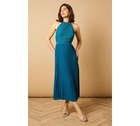 Oasis Women's Plain Lace Mix Halterneck Midi Dress in Teal | Size: 14 Oasis Teal 14