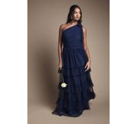Oasis Women's Pleated Mesh One Shoulder Tiered Maxi Bridesmaid Maxi Dress in Navy | Size: 10