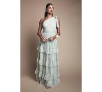 Oasis Women's Pleated Mesh One Shoulder Tiered Maxi Bridesmaid Maxi Dress in Sage | Size: 12