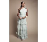 Oasis Women's Pleated Mesh One Shoulder Tiered Maxi Bridesmaid Maxi Dress in Sage | Size: 12 Oasis Sage 12