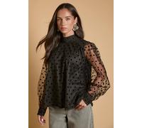 Oasis Women's Polka Dot Mesh PussyBow Blouse in Black | Size: 10