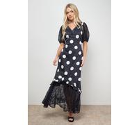 Oasis Women's Polkadot Lace Frill Detail Puff Sleeve Midi Dress in Black | Size: 10 Oasis Black 10