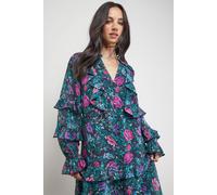 Oasis Women's Printed Boho Ruffle Button Down Mini Dress in Black | Size: 10 Oasis Black 10