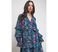 Oasis Women's Printed Boho Ruffle Button Down Mini Dress in Black | Size: 16
