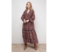 Oasis Women's Printed Cape Detail Lace Trim Boho Maxi Dress in Brick Red | Size: 14 Oasis Brick Red 14