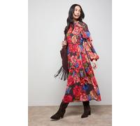 Oasis Women's Printed Chiffon Cape Detail Belted Waist Midi Dress in Red | Size: 8