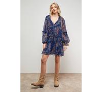 Oasis Women's Printed Chiffon Shirred Front Tie Neck Mini Dress in Navy | Size: 10