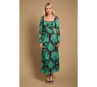 Oasis Women's Printed Chiffon Shoulder Detail Shirred Back Midi Dress in Green | Size: 8
