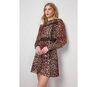 Oasis Women's Printed Lace Trim Long Sleeve Flippy Mini Dress in Animal | Size: 10