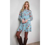 Oasis Women's Printed Lace Trim Long Sleeve Flippy Mini Dress in Blue | Size: 10 Oasis Blue 10