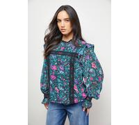 Oasis Women's Printed Lace Trim Pleat Detail Boho Blouse in Black | Size: 10 Oasis Black 10