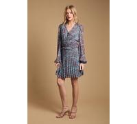 Oasis Women's Printed Pleated Skirt Long Sleeve Mini Dress in Duck Egg | Size: 6