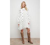 Oasis Women's Printed Pleated Tie Neck Balloon Sleeve Mini Smock Dress in Ivory | Size: 10 Oasis Ivory 10