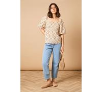 Oasis Women's Printed Puff Sleeve Square Neck Cotton Top | Size: 6