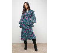 Oasis Women's Printed Shirred Cuff Tea Midi Dress in Black | Size: 6