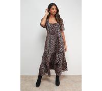 Oasis Women's Printed Square Neck Scallop edge Puff Sleeve Midi Dress in Animal | Size: 10