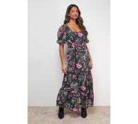 Oasis Women's Printed Square Neck Scallop edge Puff Sleeve Midi Dress | Size: 10