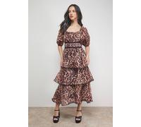 Oasis Women's Puff Sleeve Tiered Midaxi Dress in Animal | Size: 8