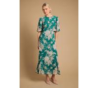 Oasis Women's Puff Sleeve Trim Detail Panelled Tea Dress in Green | Size: 10