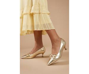 Oasis Women's Rita Faux Metallic Leather Double Bow Mary Jane Kitten Heel Court Shoes in Gold | Size: 7