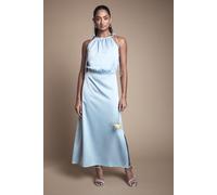 Oasis Women's Ruched Halterneck Satin Bridesmaid Midi Dress in Light Blue | Size: 12 Oasis Light Blue 12