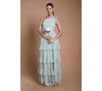 Oasis Women's Sage Pleated Mesh One Shoulder Tiered Maxi Bridesmaid Maxi Dress | Size: 10