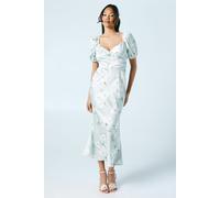 Oasis Women's Sage Posy Puff Sleeve Satin Wrap Top Bridesmaid Midi Dress | Size: 10 Oasis Sage 10