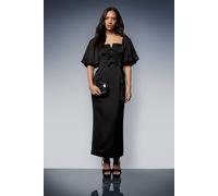 Oasis Women's Satin Bow Front Puff Sleeve Midi Dress in Black | Size: 10 Oasis Black 10