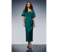 Oasis Women's Satin Bow Front Puff Sleeve Midi Dress in Teal | Size: 10