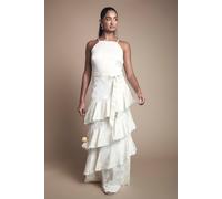 Oasis Women's Satin Jacquard Ruffle Halter Neck Bridesmaid Dress in Champagne | Size: 8