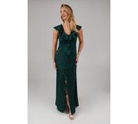 Oasis Women's Satin Jacquard Ruffle V Neck Bridesmaid Dress in Emerald | Size: 10 Oasis Emerald 10