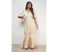 Oasis Women's Satin Puff Sleeve V Neck Fishtail Maxi Dress in Champagne | Size: 10
