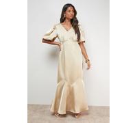 Oasis Women's Satin Puff Sleeve V Neck Fishtail Maxi Dress in Champagne | Size: 16 Oasis Champagne 16