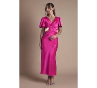 Oasis Women's Satin Twist Front Angel Sleeve Midi Bridesmaid Dress in Bright Pink | Size: 6