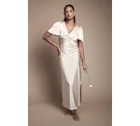 Oasis Women's Satin Twist Front Angel Sleeve Midi Bridesmaid Dress in Champagne | Size: 10