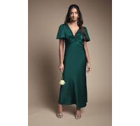 Oasis Women's Satin Twist Front Angel Sleeve Midi Bridesmaid Dress in Emerald | Size: 8