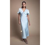 Oasis Women's Satin Twist Front Angel Sleeve Midi Bridesmaid Dress in Light Blue | Size: 10