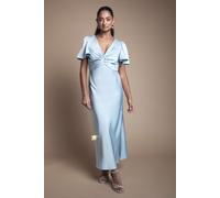 Oasis Women's Satin Twist Front Angel Sleeve Midi Bridesmaid Dress in Light Blue | Size: 14 Oasis Light Blue 14